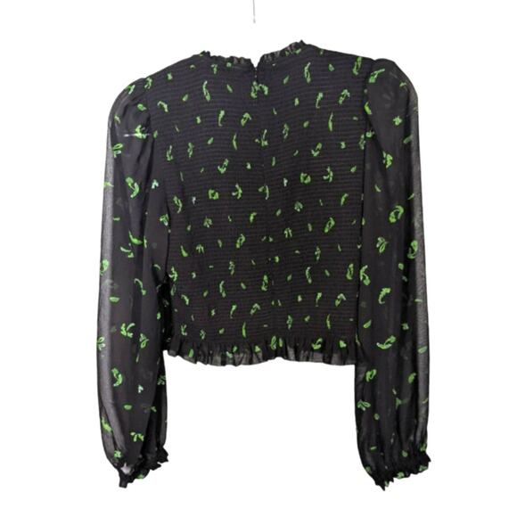 Aritzia Wilfred Lilith Blouse Cropped Smocked Zip Back Black Leaf Print Sheer L - Picture 2 of 11